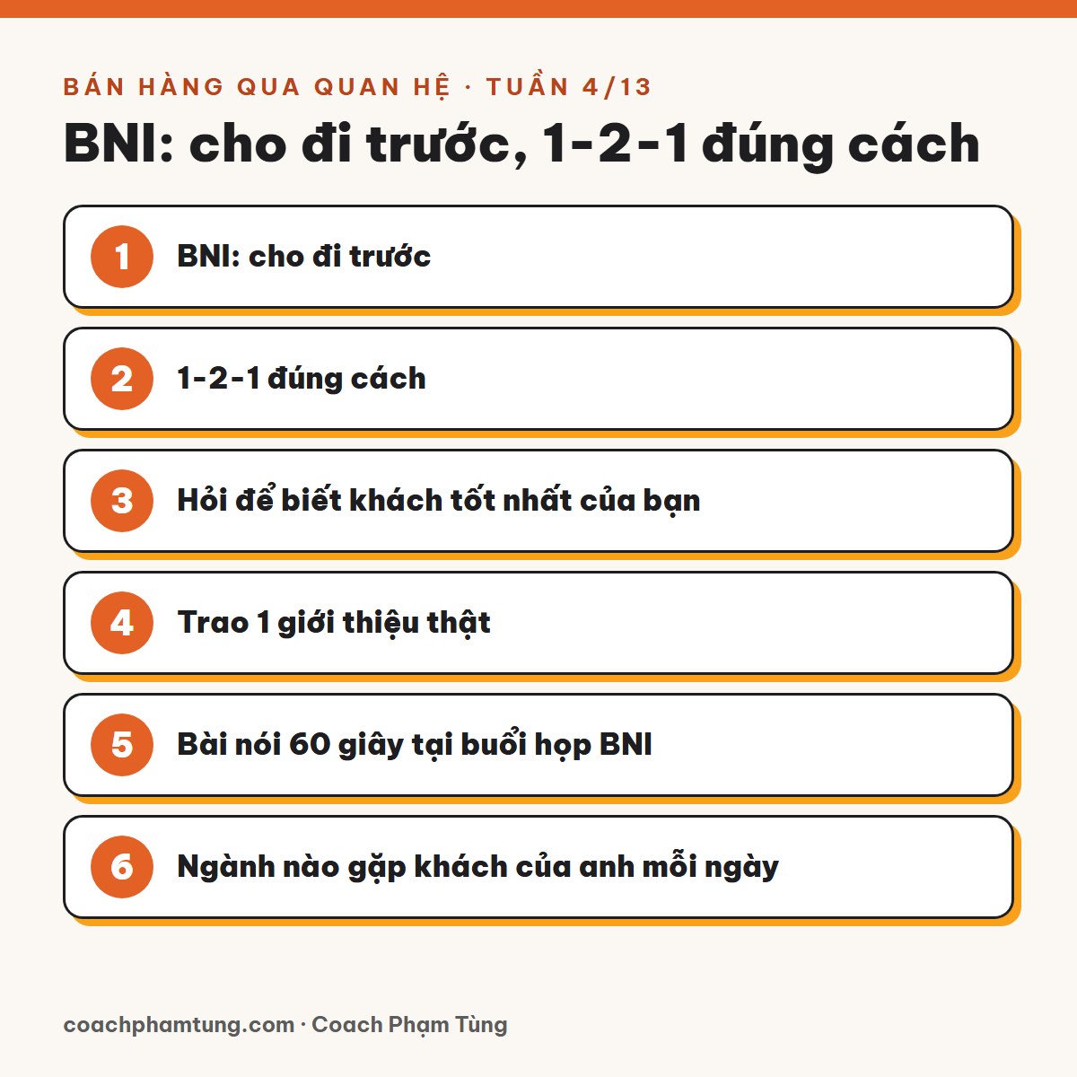 Bán hàng qua quan hệ, Tuần 4/13: BNI: cho đi trước, 1-2-1 đúng cách