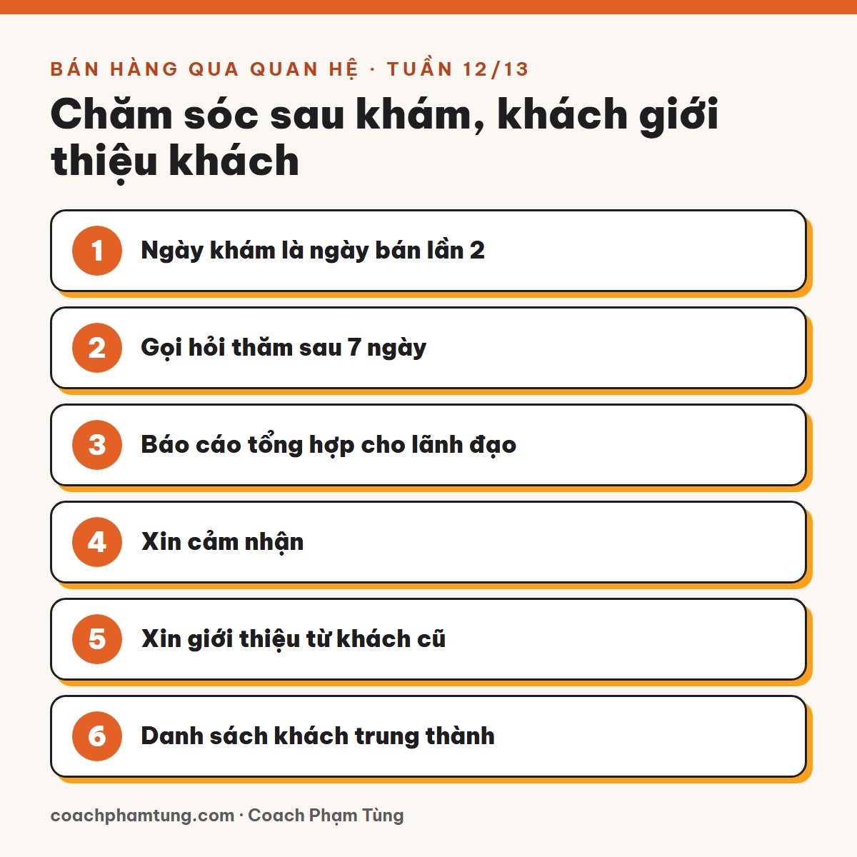 Bán hàng qua quan hệ, Tuần 12/13: Chăm sóc sau khám, khách giới thiệu khách