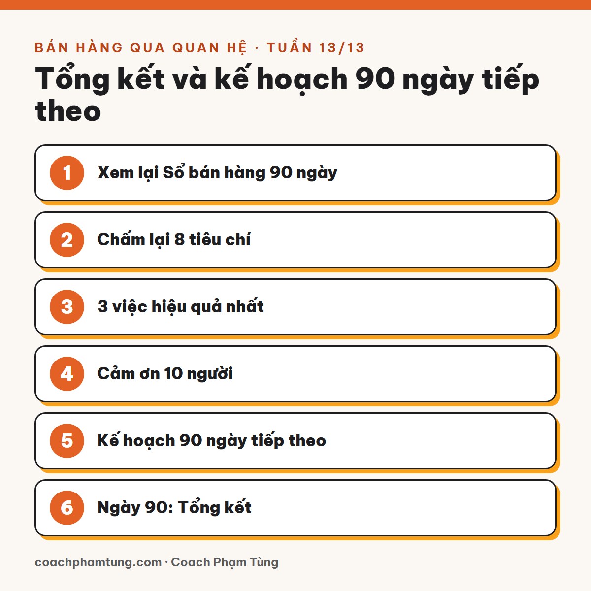Bán hàng qua quan hệ, Tuần 13/13: Tổng kết và kế hoạch 90 ngày tiếp theo