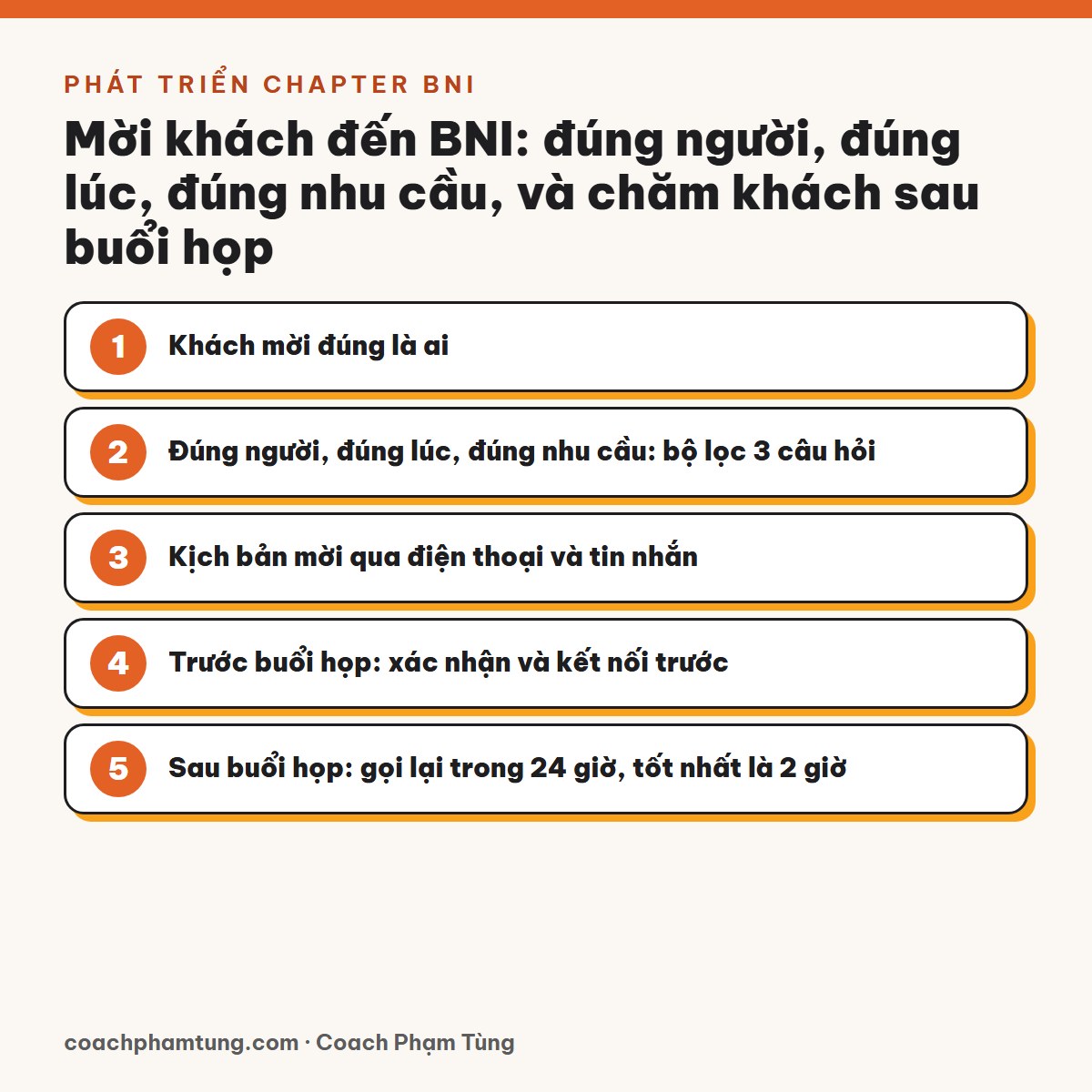 Mời khách đến BNI: đúng người, đúng lúc, đúng nhu cầu, và chăm khách sau buổi họp